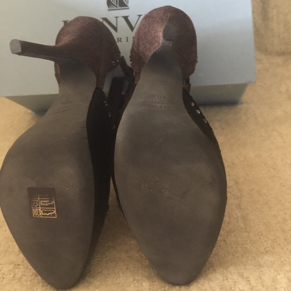 HP💝Vintage New LANVIN blk & brn satin & leather with rhinestones HEELS - Picture 7 of 13